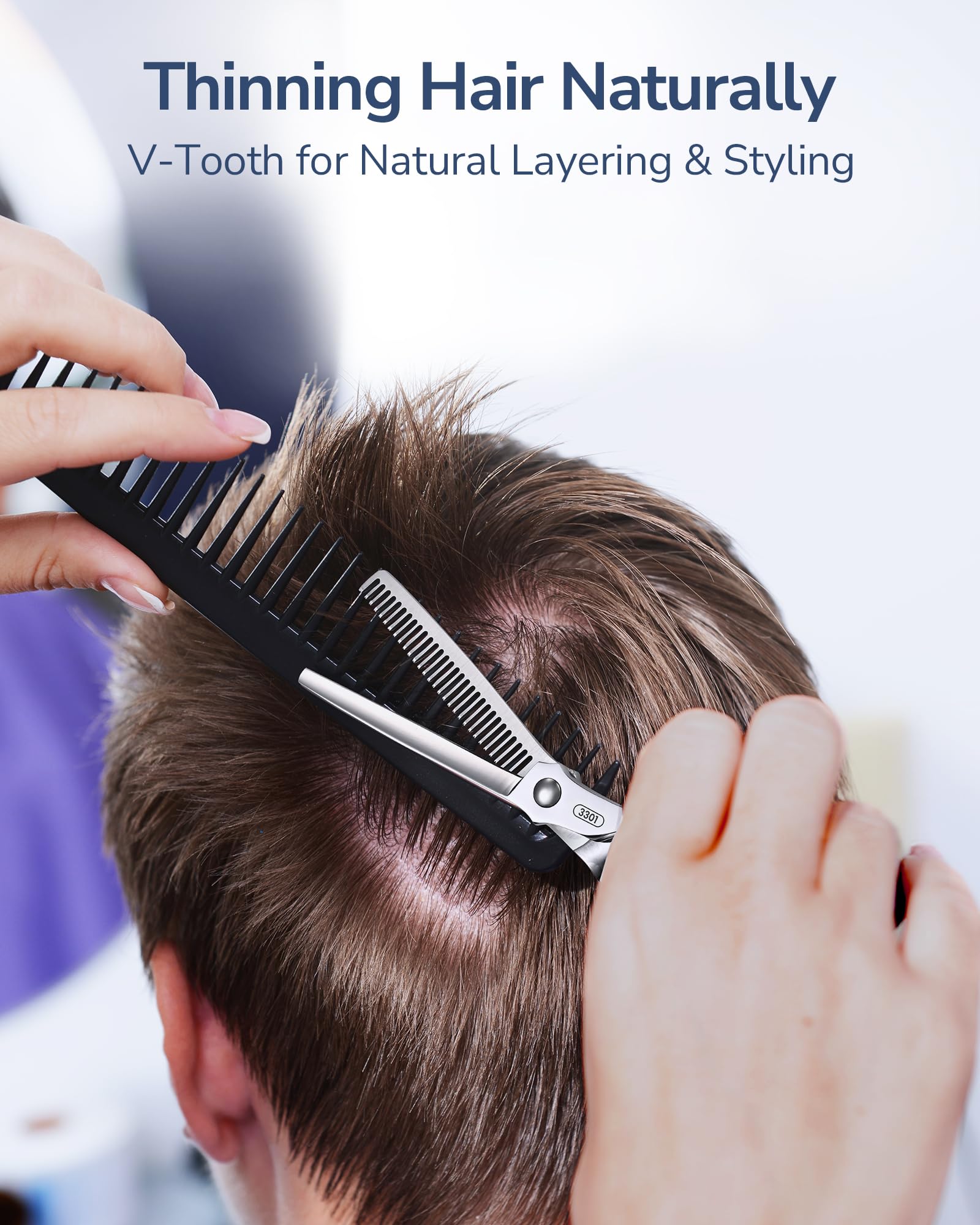 ULG stylist using shears to texturize hair demonstrating smooth blending results