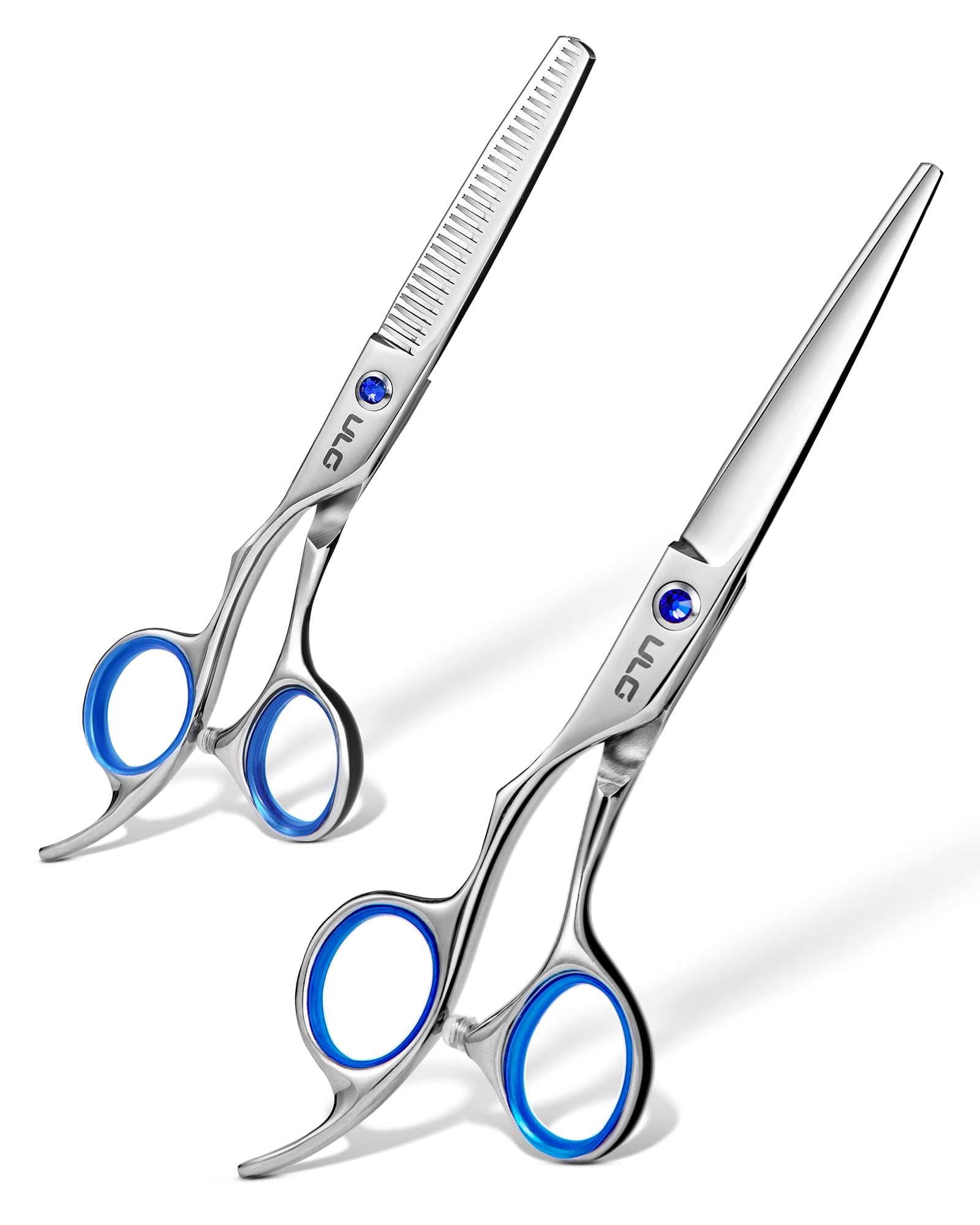 ULG front view of left-handed scissors showing ergonomic offset grip benefit