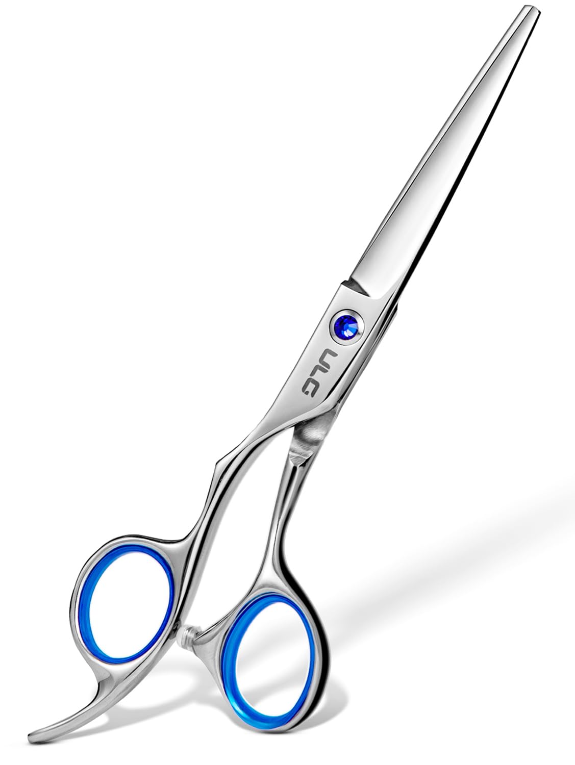 ULG left-handed shears front view showing polished blades and ergonomic shape for precision