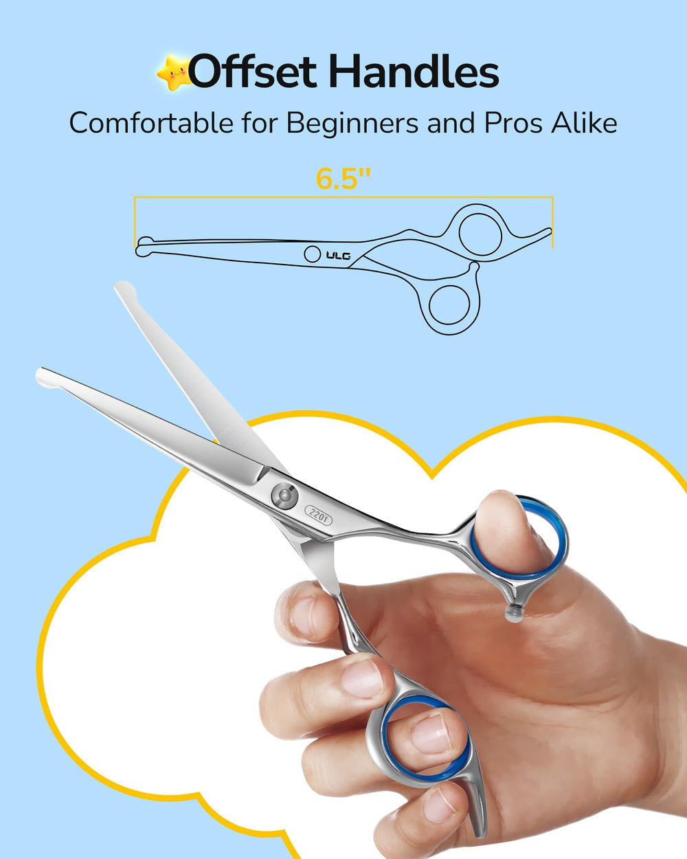 ULG scissors in use on child demonstrating safe, calm haircutting