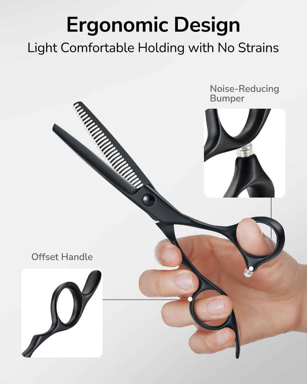 ULG shears in use on hair demonstrating subtle thinning and blended layers