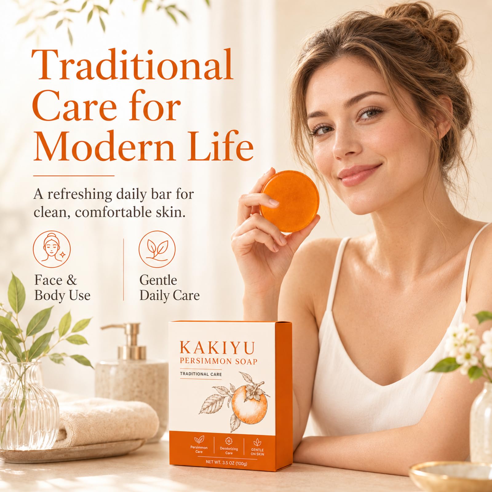 Ulyvora soap in bathroom lifestyle scene for simple daily routine