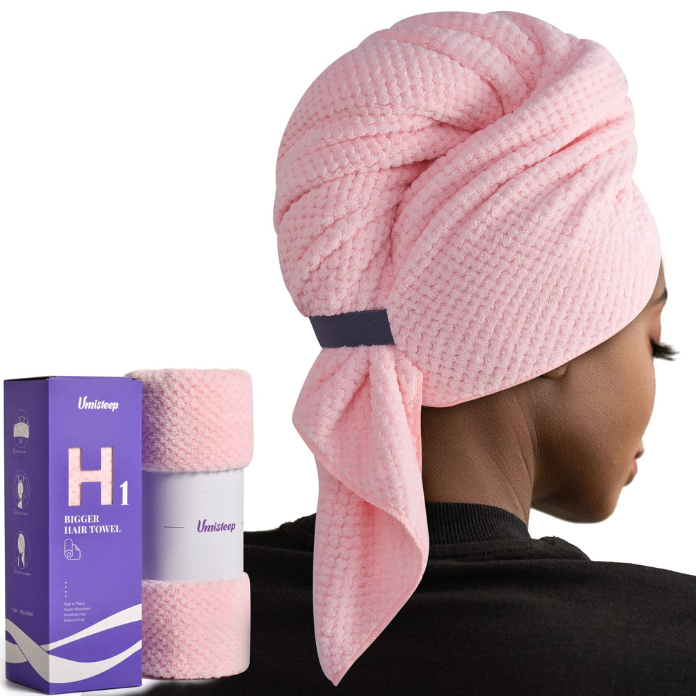 Umisleep pink towel front view showing full size and neat packaging benefits fast drying