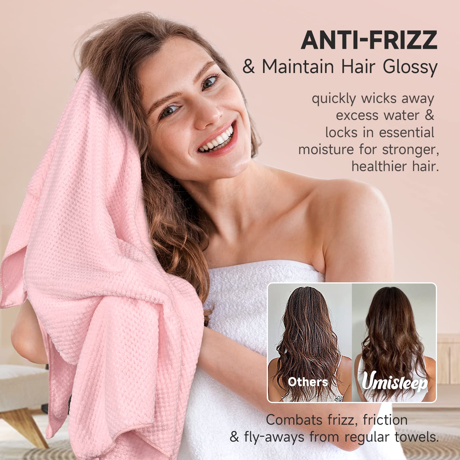 model wearing Umisleep towel wrap demonstrating hands free drying and secure fit