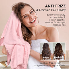 model wearing Umisleep towel wrap demonstrating hands free drying and secure fit