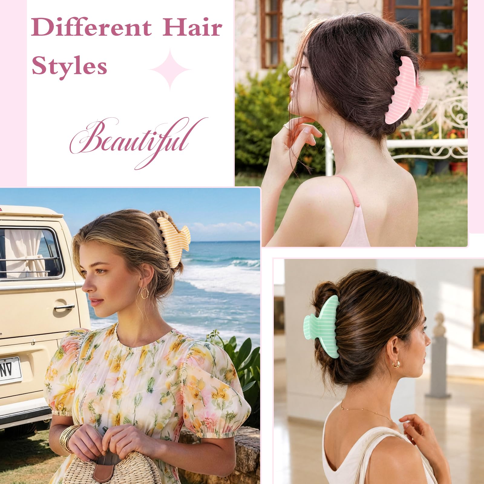 Unbednigt pastel color array flat lay displaying four striped clips for mix-and-match styling