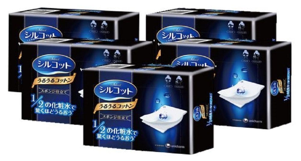 unicharm Silcot Uruuru front packaging showing five sealed packs and sheet count for easy storage