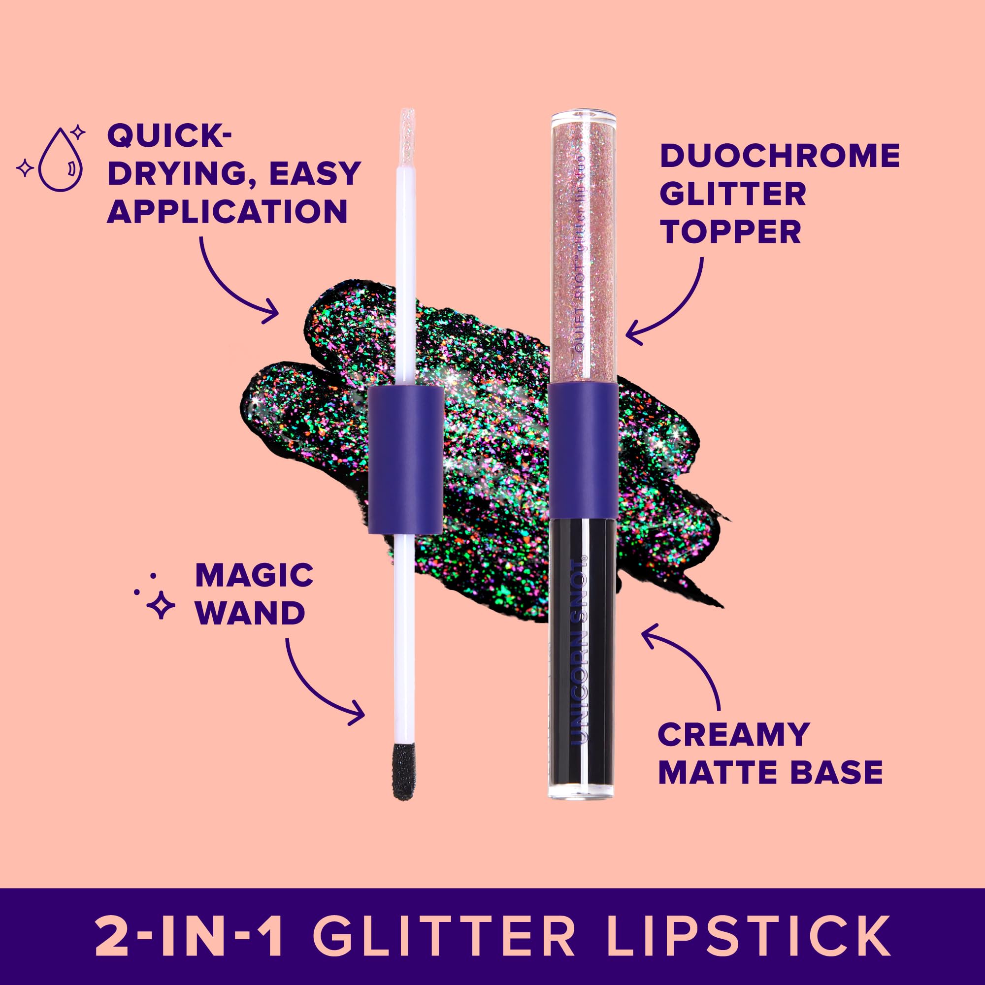 UNICORN SNOT gloss wand open displaying glitter gloss texture and easy application benefit
