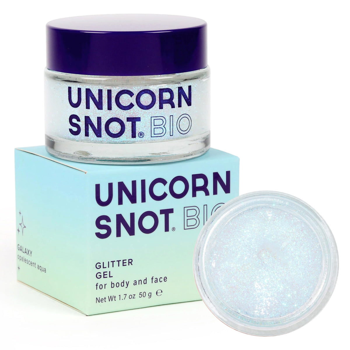 UNICORN SNOT jar front view showing holographic Galaxy label and shimmer