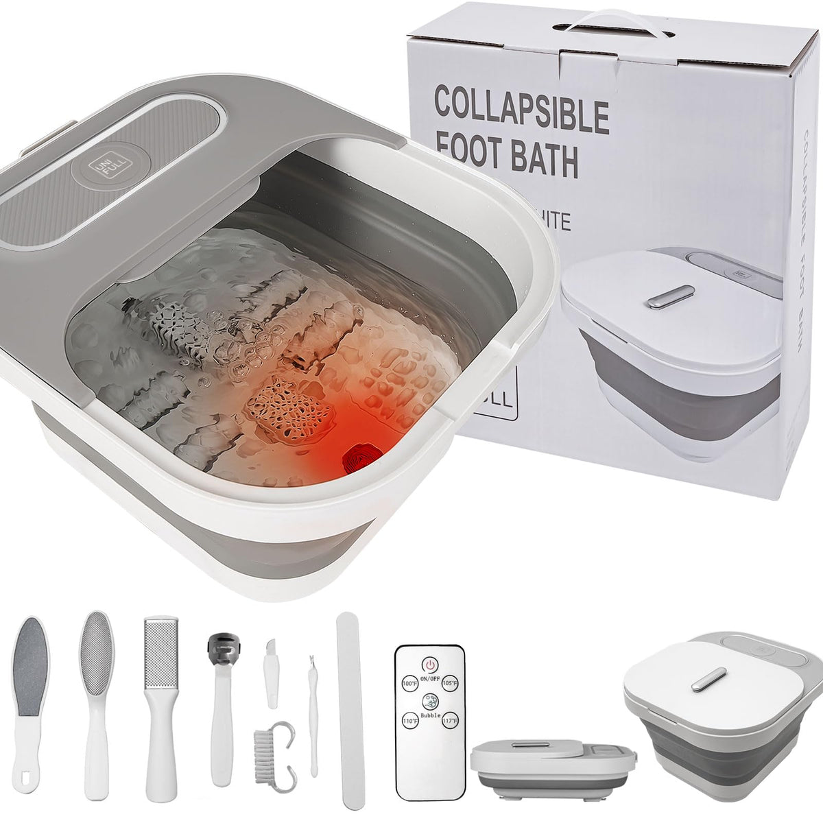UNIFULL foot spa front view showing basin and lid, convenient home relaxation