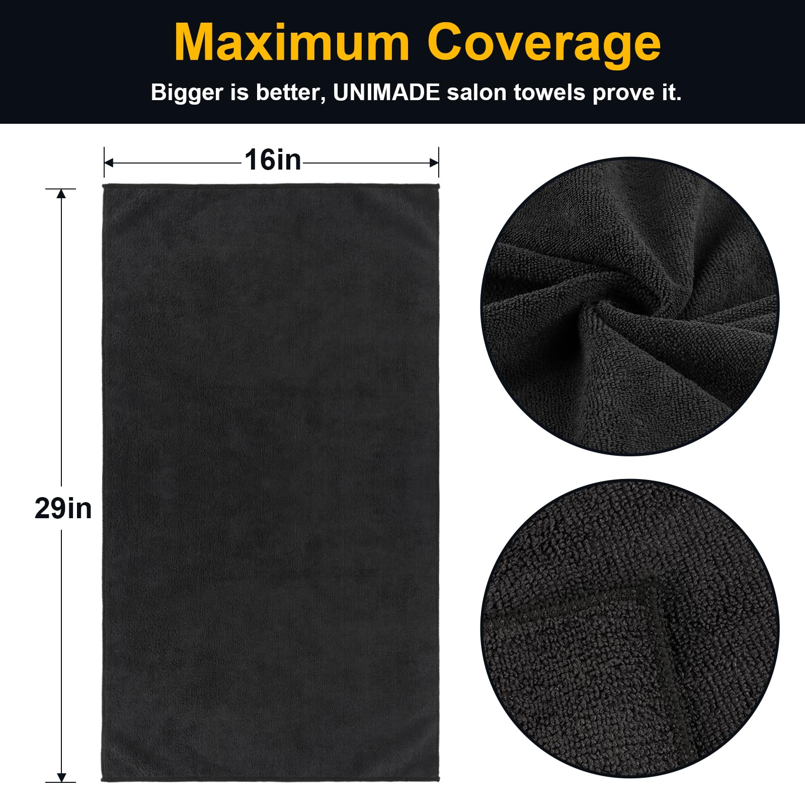 UNIMADE single towel flat lay 16x29 inches demonstrating size and fast drying benefit