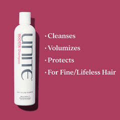 UNITE BOOSTA shampoo lather texture demonstrating gentle, cleansing foam for lightweight body
