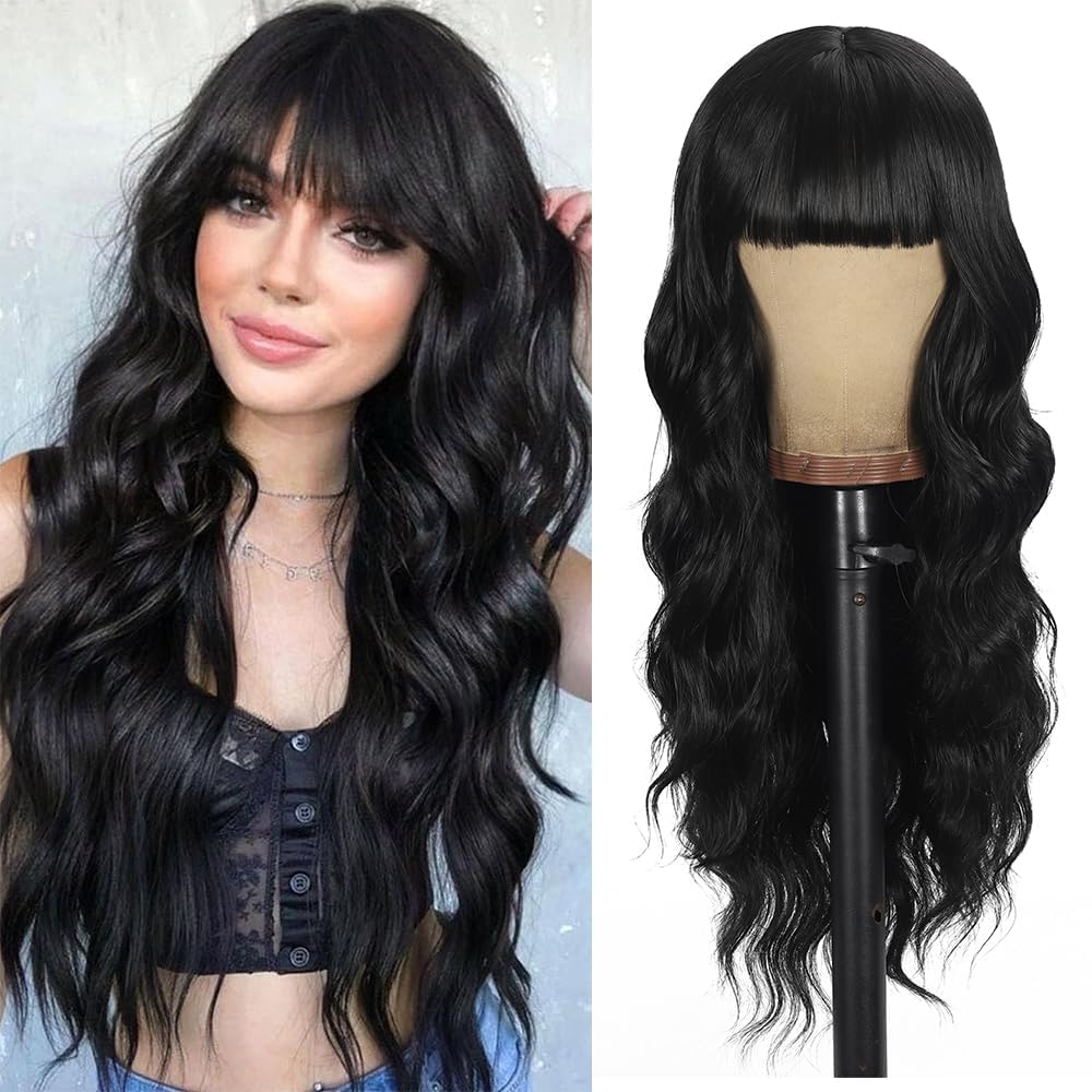 UNNYMGER front view long curly black wig showing full volume and natural look