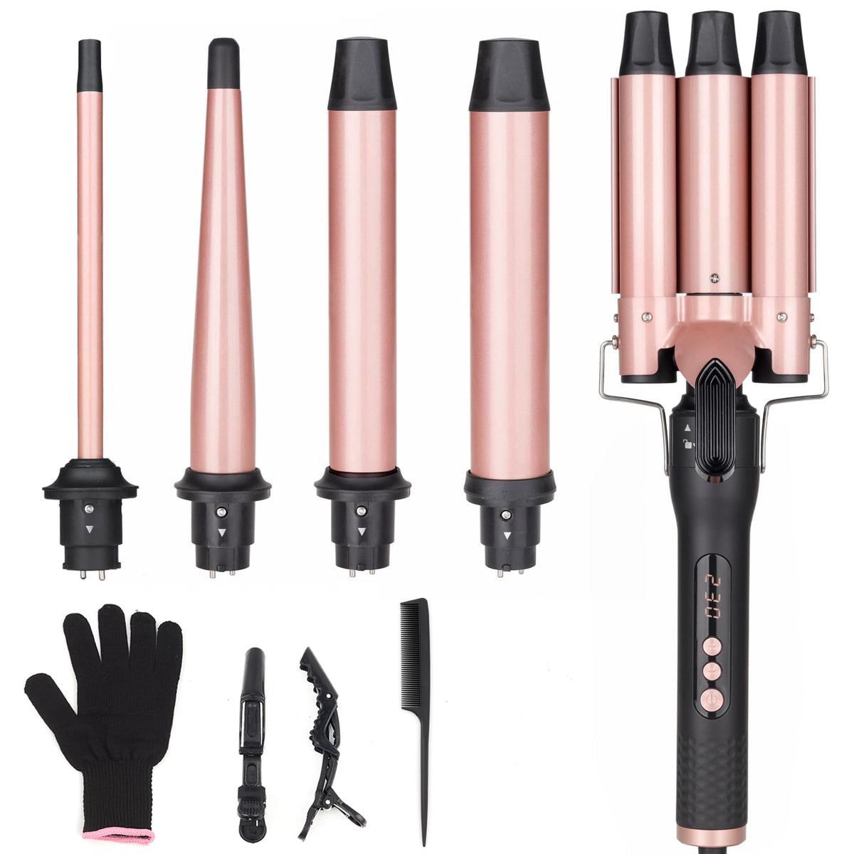 UNOBEY curling wand front view showing kit and ergonomic handle for comfortable styling