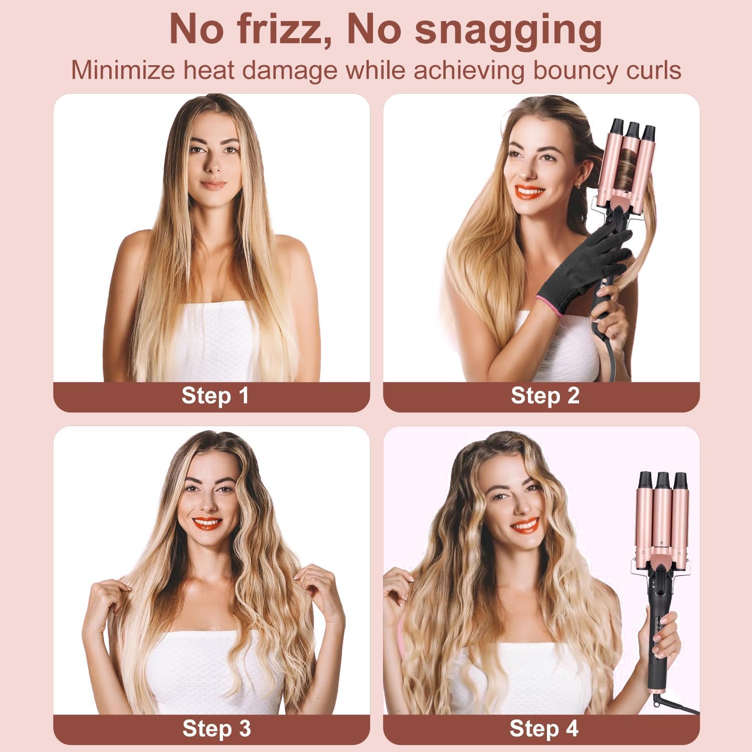 UNOBEY three-barrel attachment creating beach-wave texture faster for long hair