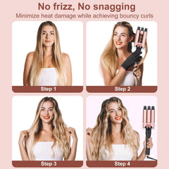 UNOBEY three-barrel attachment creating beach-wave texture faster for long hair