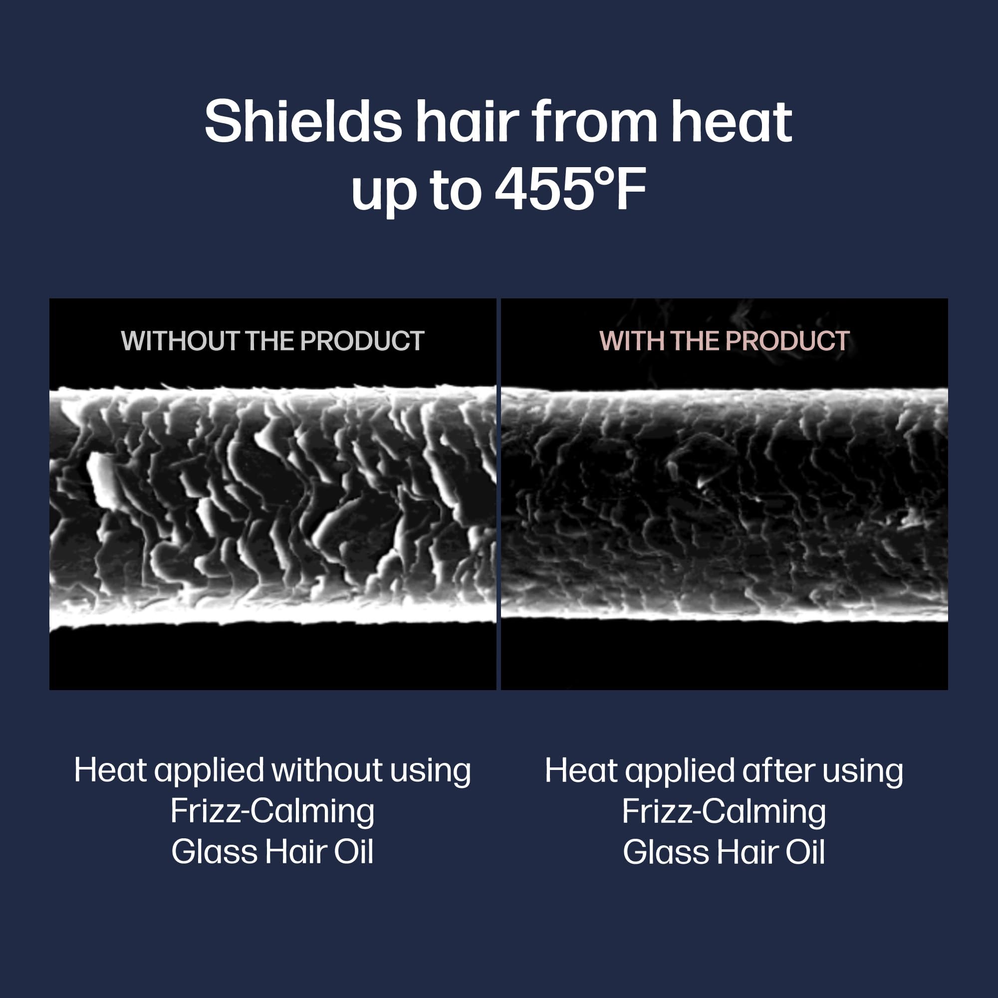 styling tools and UNOVE oil illustrating protection up to 455°F