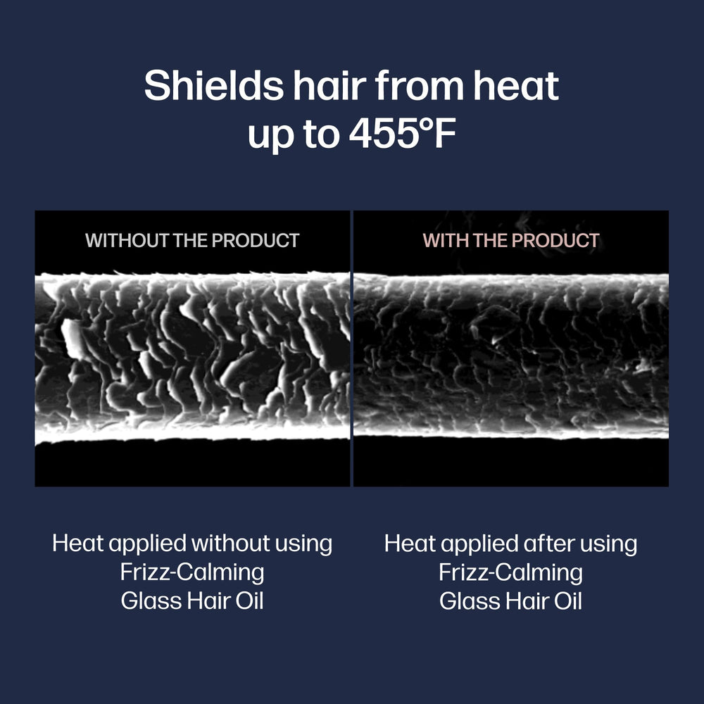 styling tools and UNOVE oil illustrating protection up to 455°F