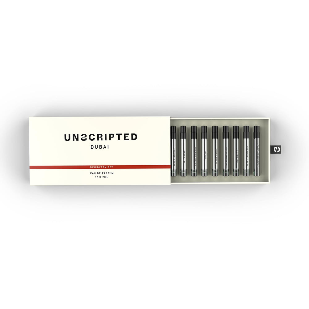 Unscripted discovery set front packaging showing 12 travel vials and variety benefit