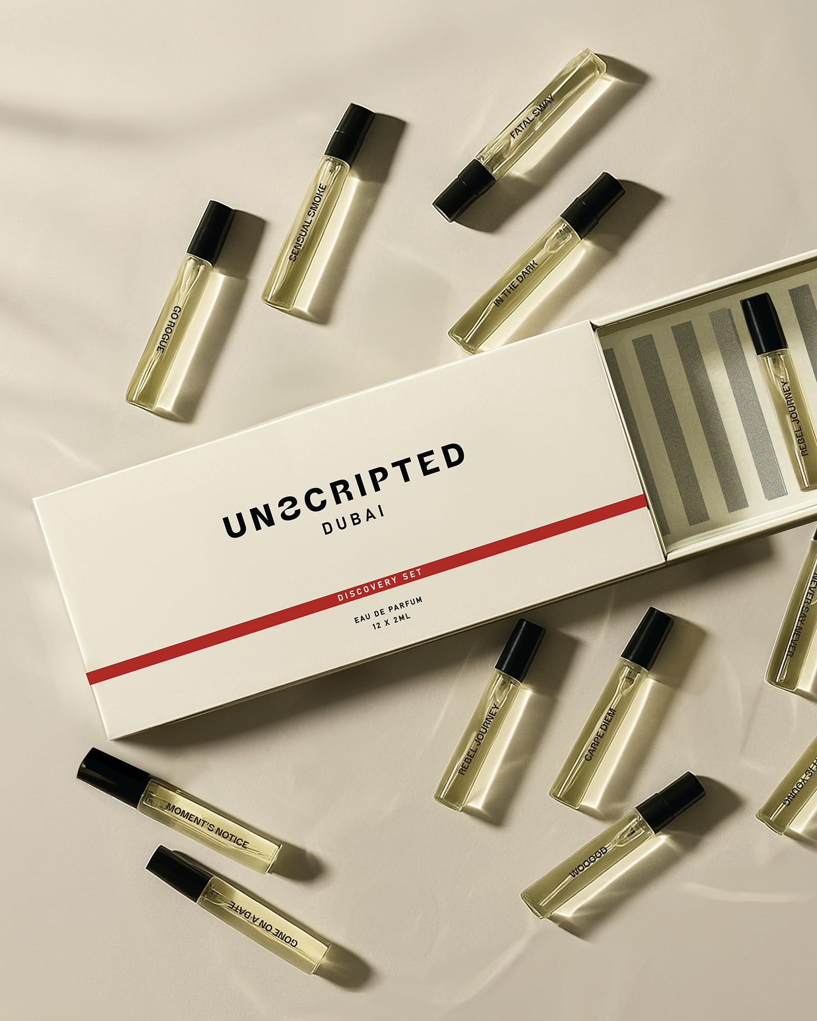 Unscripted close-up of vial labels highlighting scent names and sampling benefit