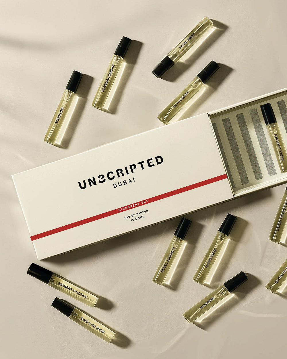 Unscripted close-up of vial labels highlighting scent names and sampling benefit
