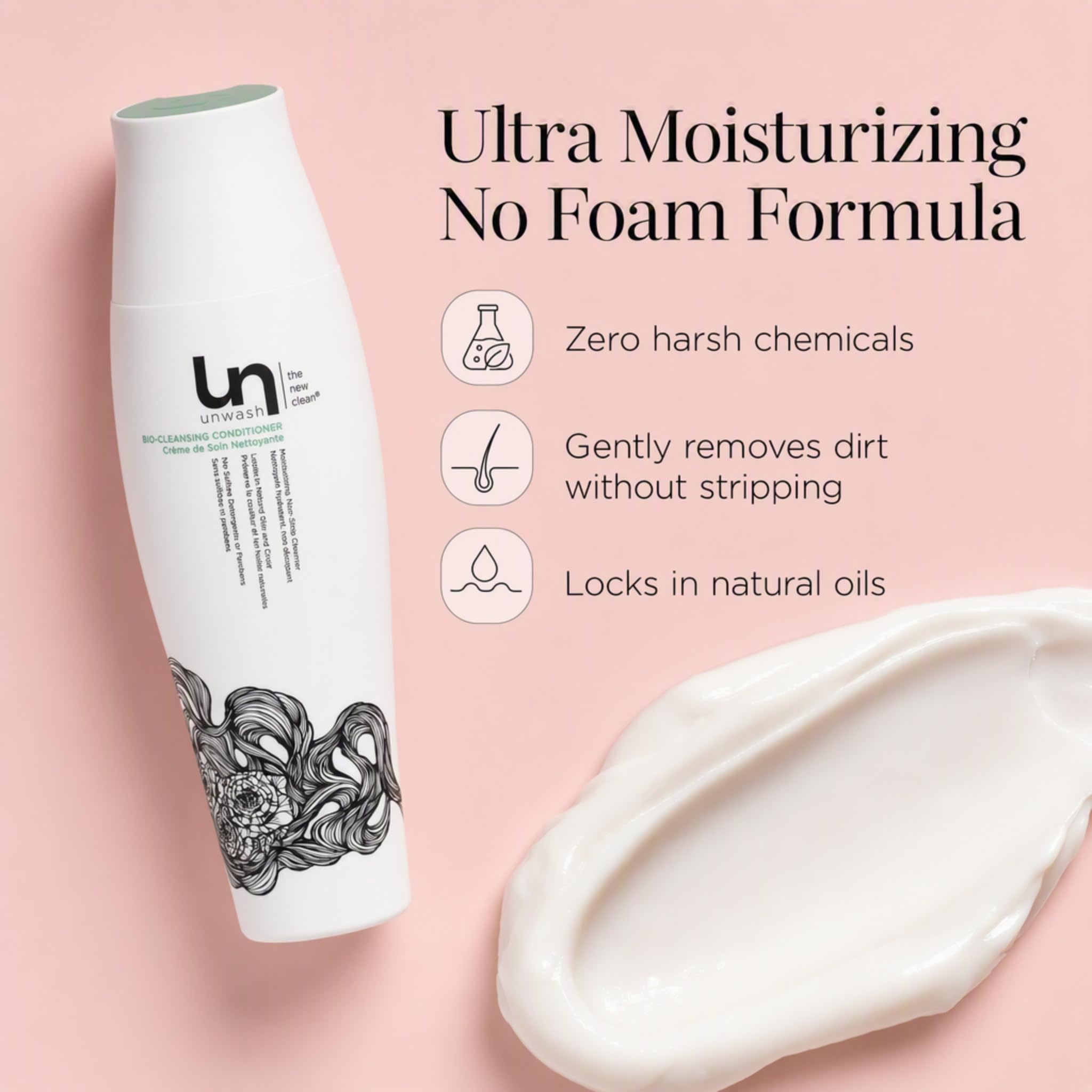 unwash being dispensed from bottle illustrating easy one-step application