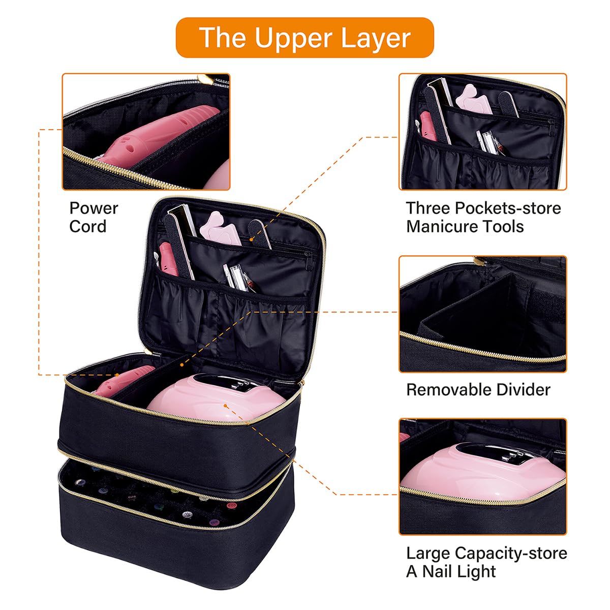 UOZL upper layer close-up with adjustable partitions and zipper pockets for tools and lamp