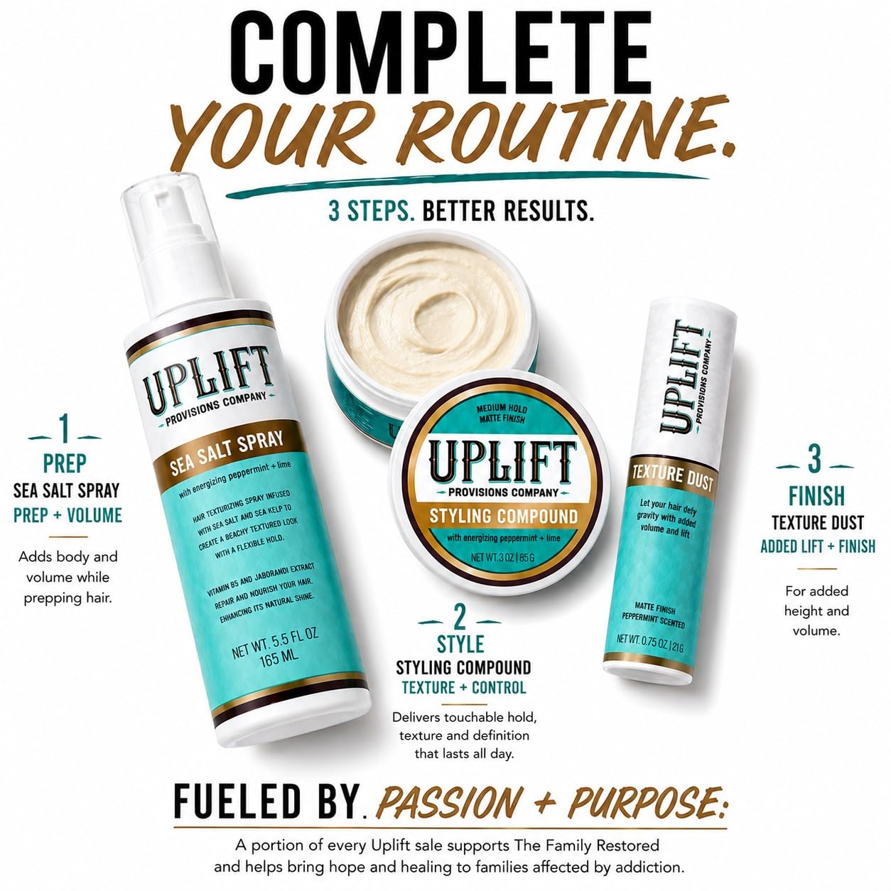 Uplift Provisions Company jar on bathroom shelf conveying everyday use benefit