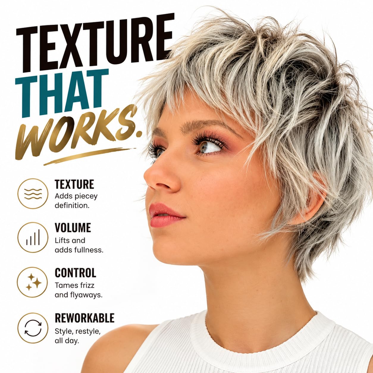 Uplift Provisions Company woman styling short hair with natural texture benefit