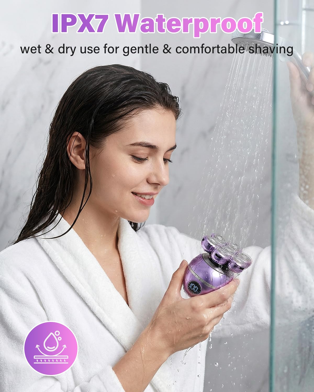 UpperX shaving in shower demonstrating IPX7 waterproof use for wet shaving convenience