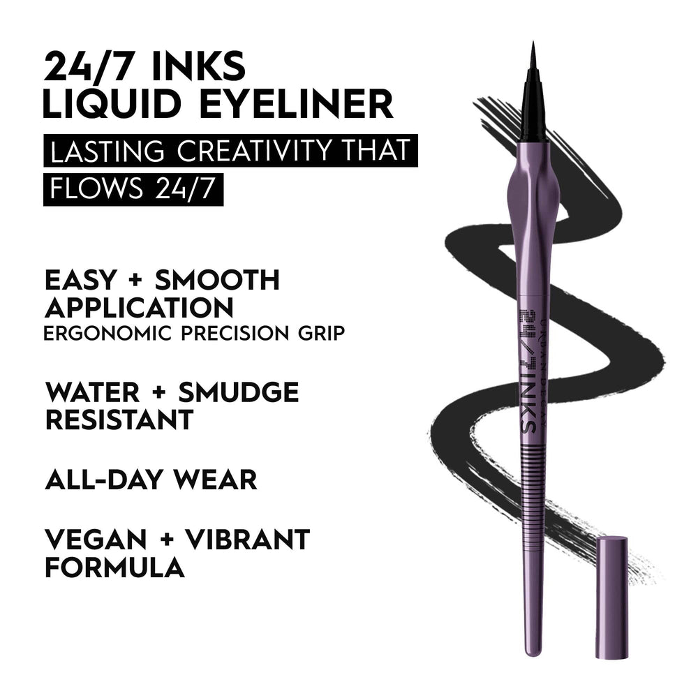 Urban Decay ink swatches showing intense matte black payoff on skin