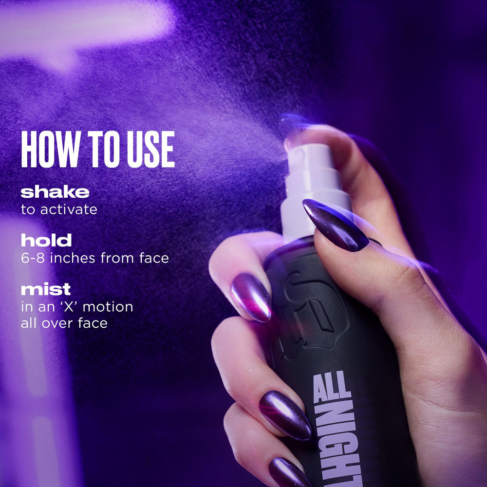 Urban Decay makeup artist applying spray backstage for long-lasting professional wear