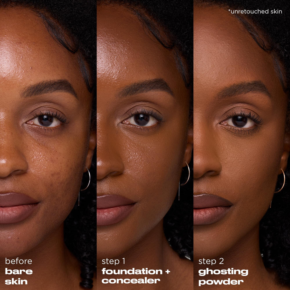 Urban Decay ghosting powder on model full face result showing matte, photo-ready complexion
