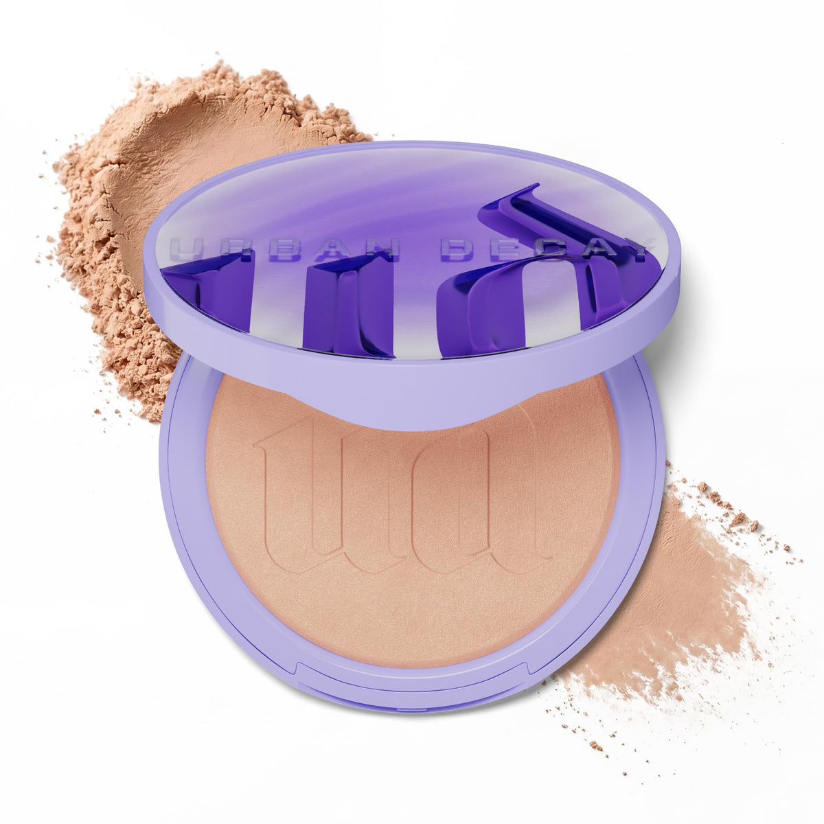 Urban Decay ghosting powder front open showing lightweight jar and sifter benefit: easy dispensing