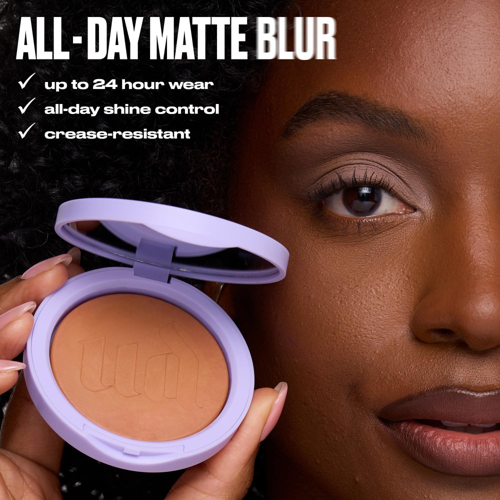 Urban Decay ghosting powder applied under-eye to set concealer and prevent creasing