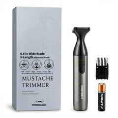 URBANER front view of compact mustache trimmer showing controls and blade for precise shaping