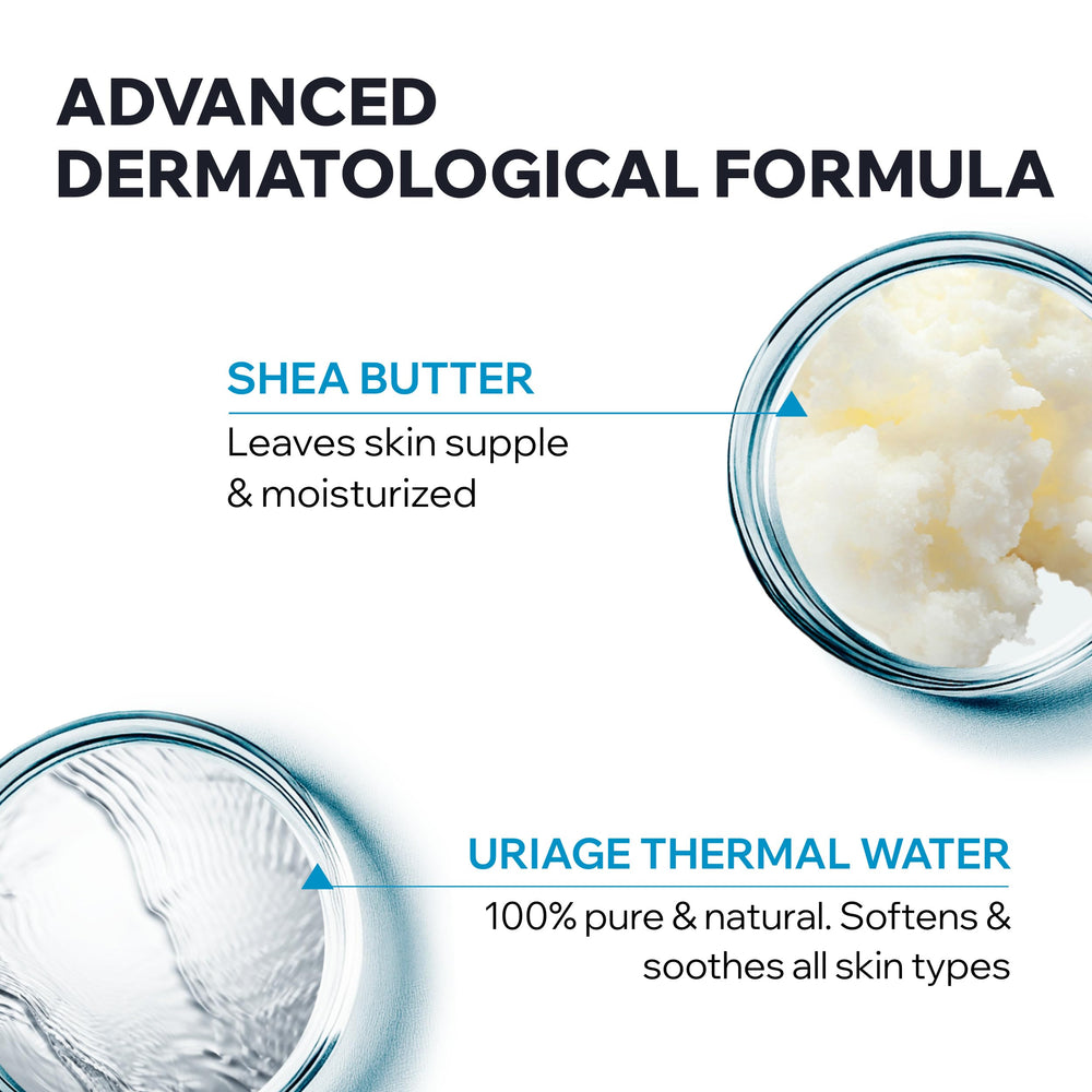 Uriage ingredients display with shea and hyaluronic for lasting moisture