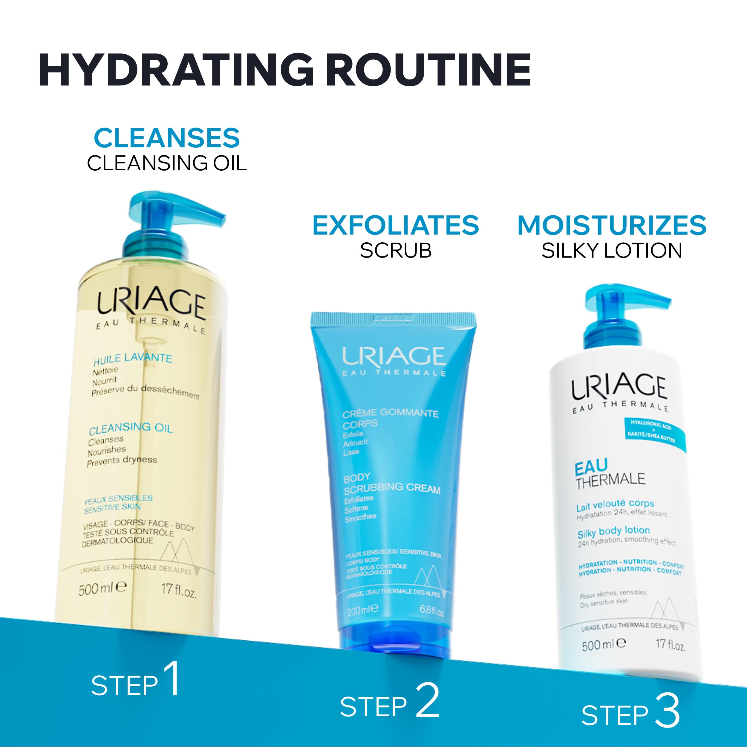 Uriage bottle staged on bathroom shelf for daily skincare routine