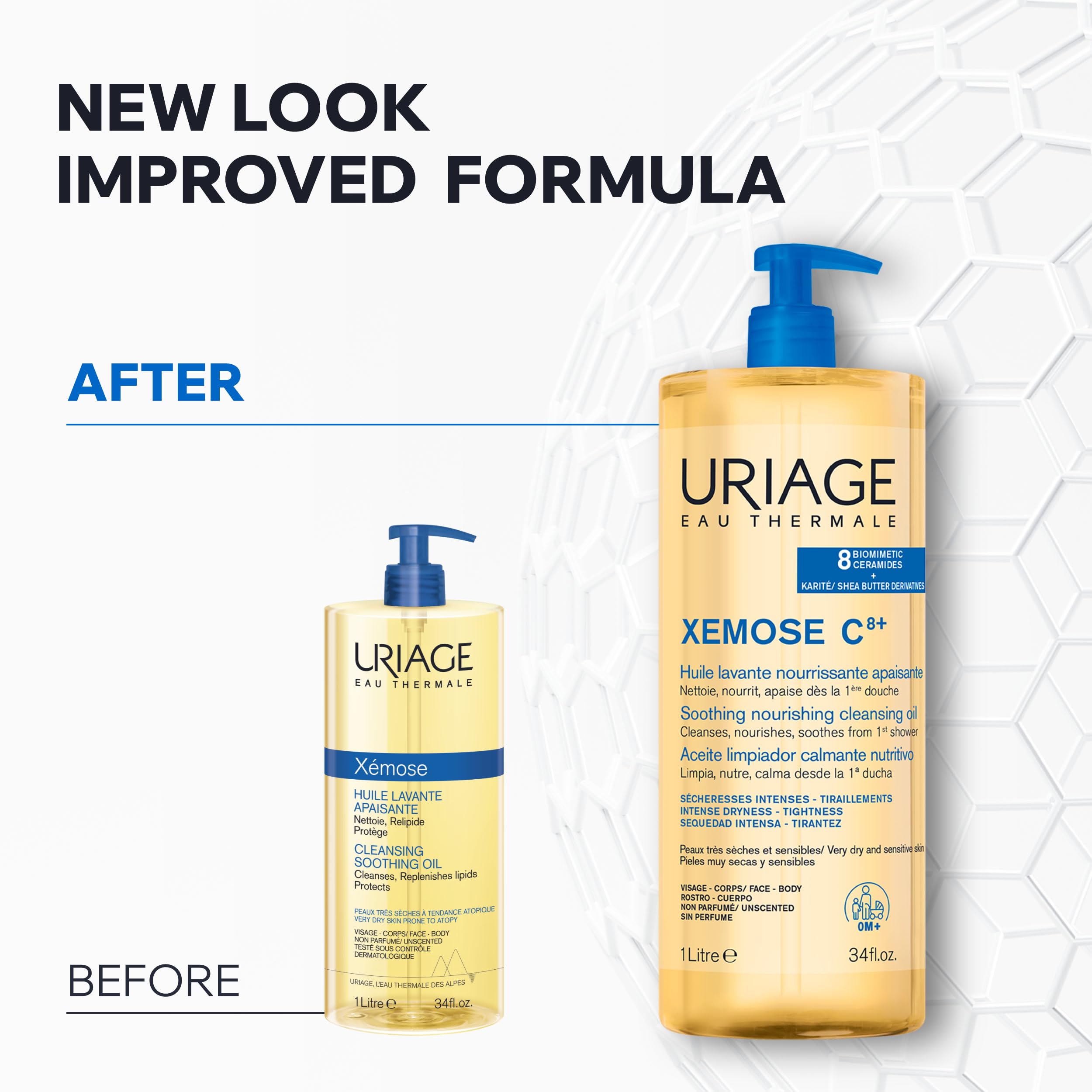 Uriage Xemose C8+ bottle next to anti-scratch balm showing complementary routine benefit