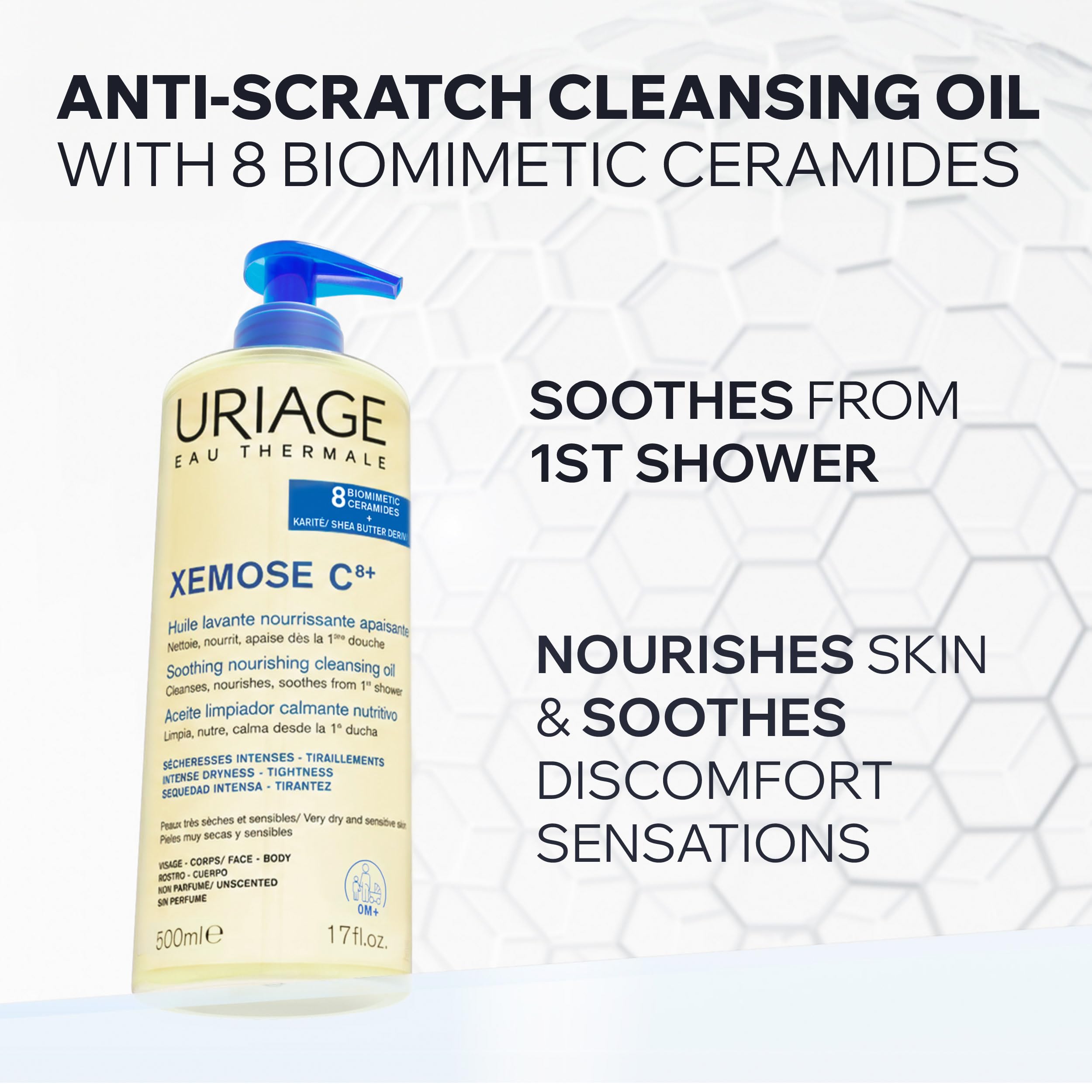 Uriage Xemose C8+ gel-to-oil texture closeup illustrating gentle application benefit