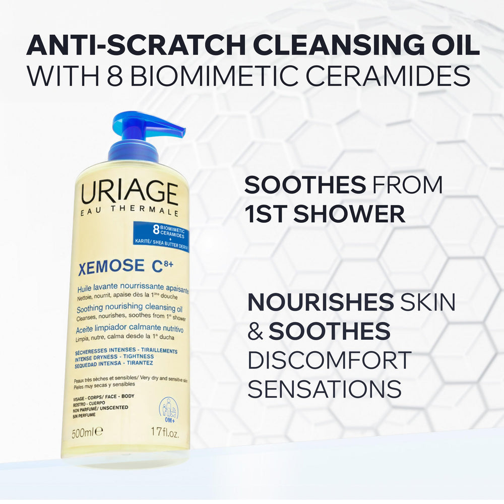 Uriage Xemose C8+ gel-to-oil texture closeup illustrating gentle application benefit