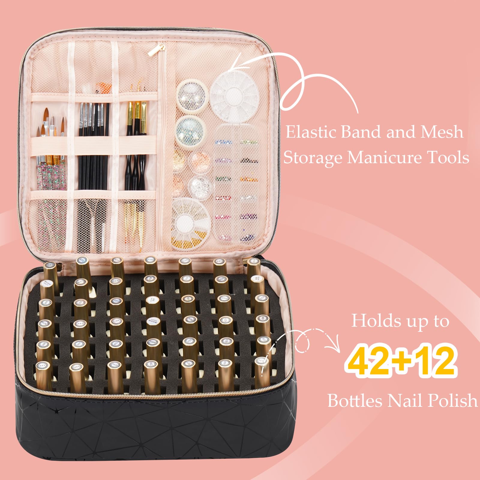Uross open double-layer layout displaying organized polish slots and tool pockets for efficiency