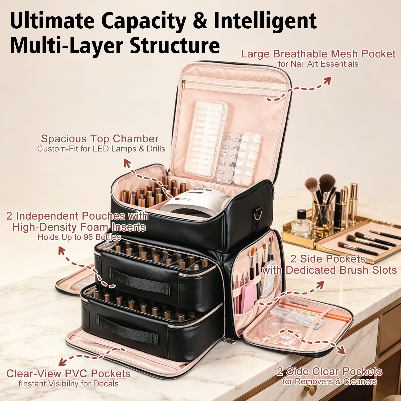 Uross open case displaying 98 bottles upright for maximum organized capacity