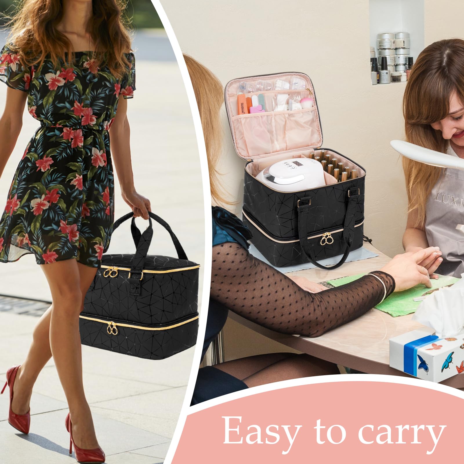 Uross size comparison with polish bottles showing 54-bottle capacity and travel-friendly scale