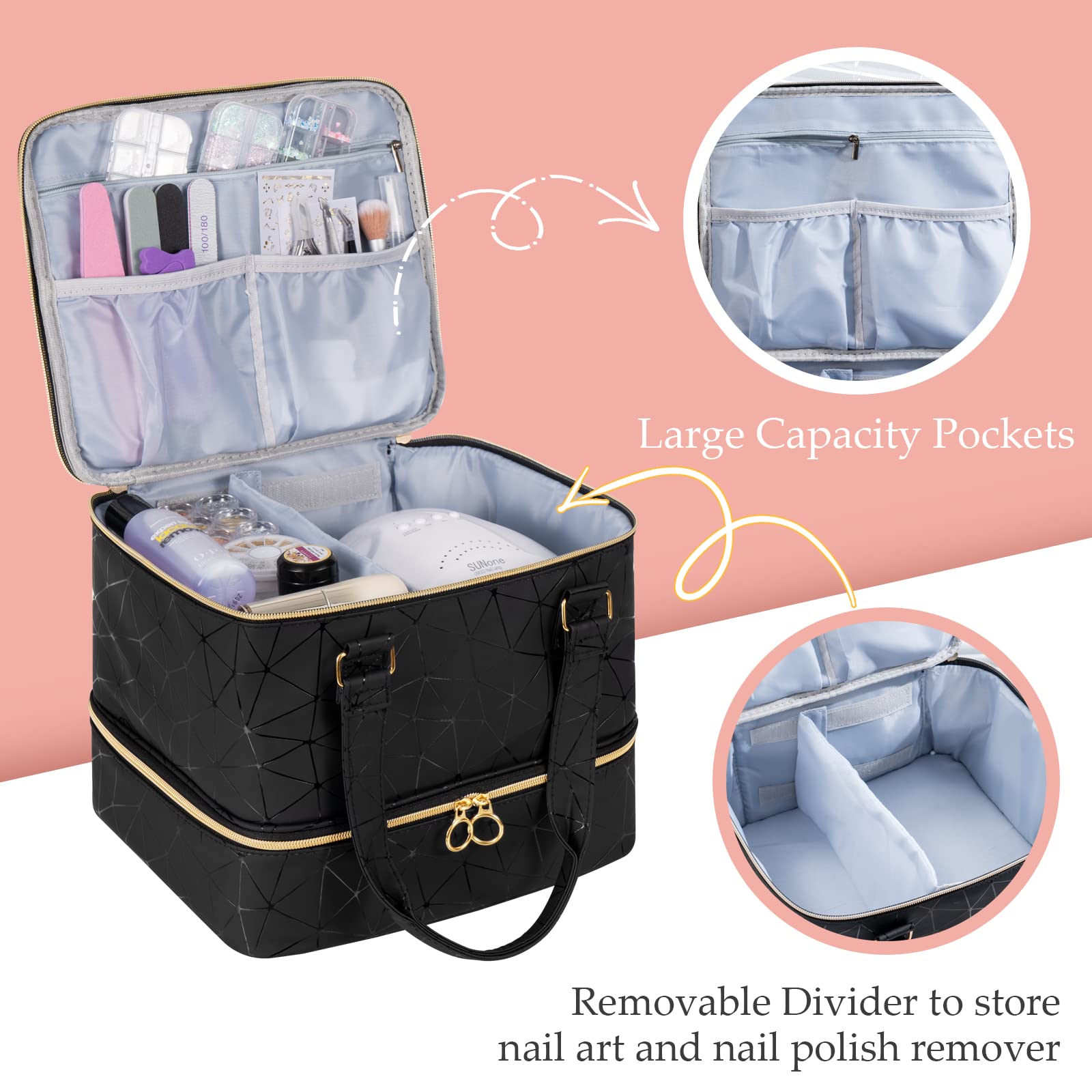 Uross upper compartment filled with files brushes and lamp for organized tools