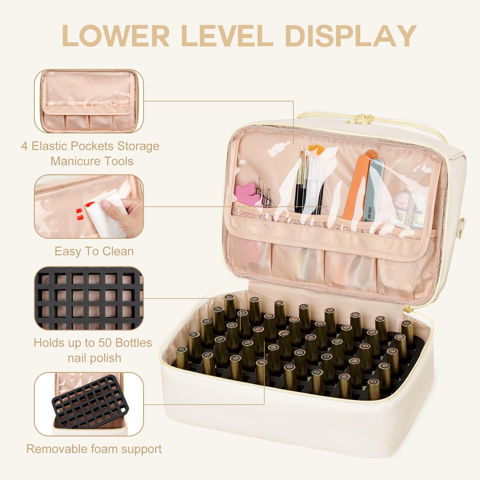 Uross organizer open with nail lamp and tools demonstrating organized storage