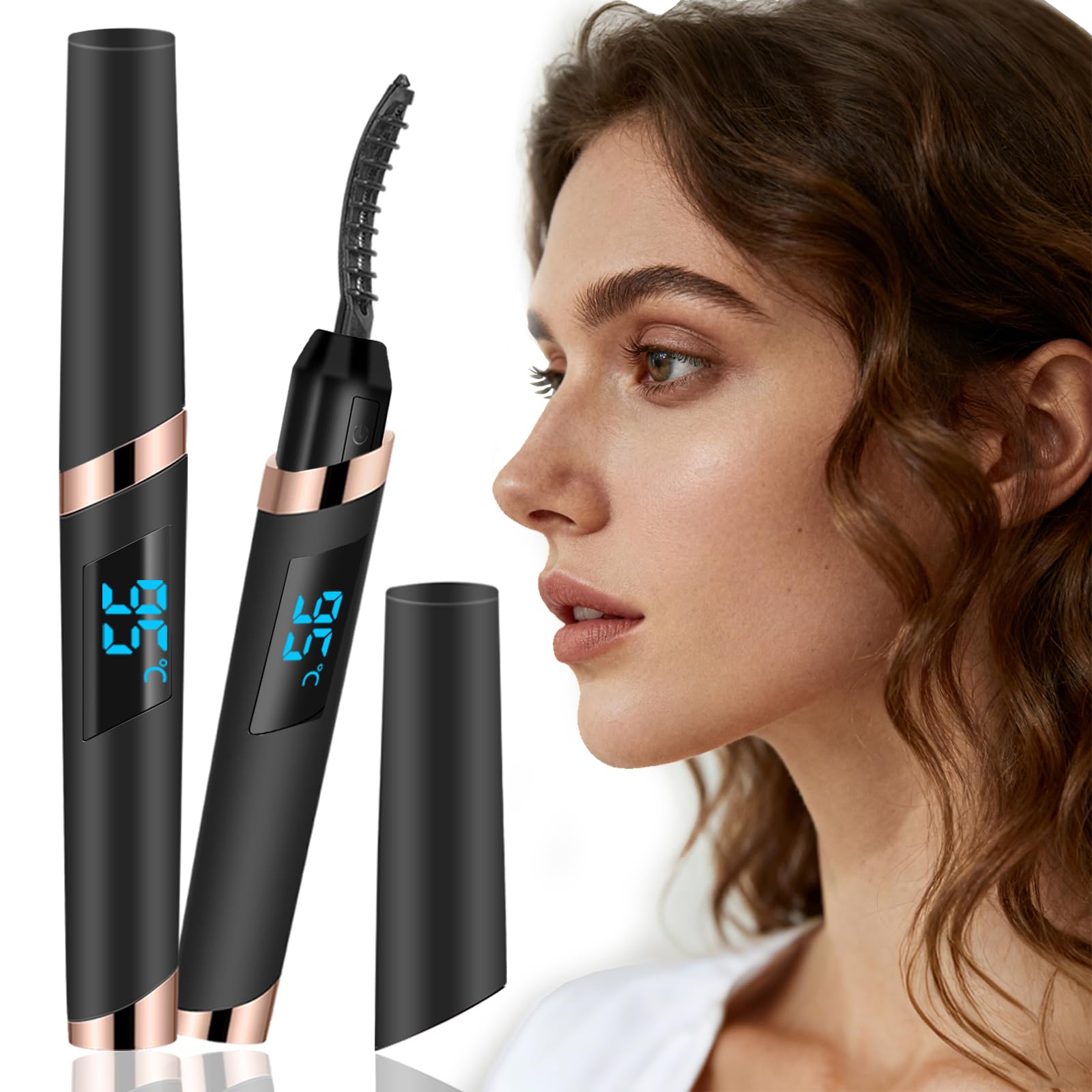 URSOBTF heated eyelash curler front view showing compact design and controls, easy styling