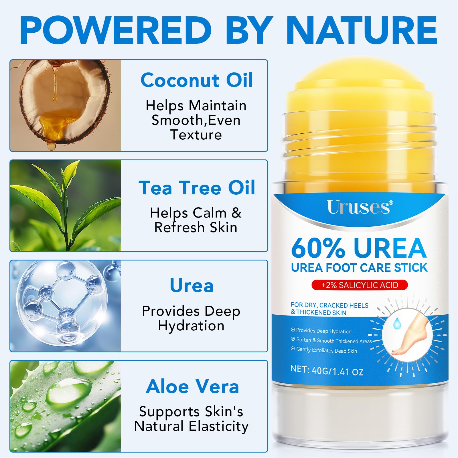 Uruses applying to heel demonstrates callus softening and convenience