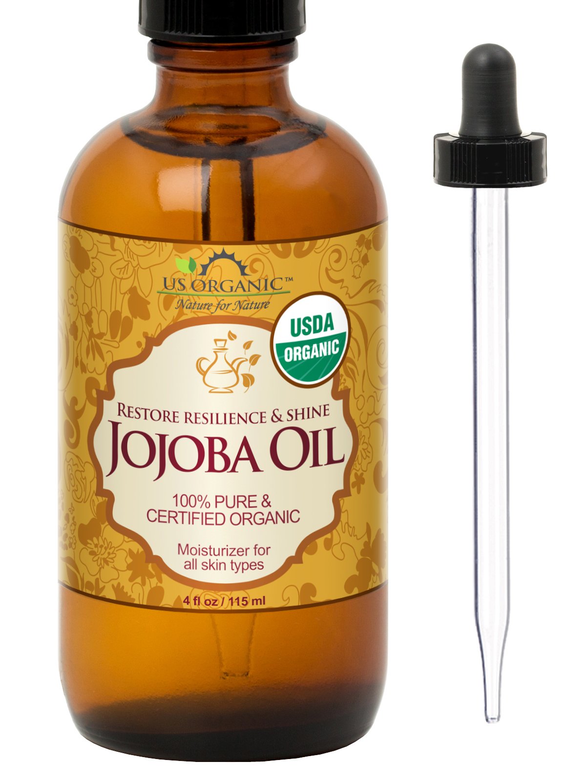 US Organic jojoba oil front bottle shows pure organic packaging and clear benefit