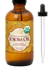 US Organic jojoba oil front bottle shows pure organic packaging and clear benefit